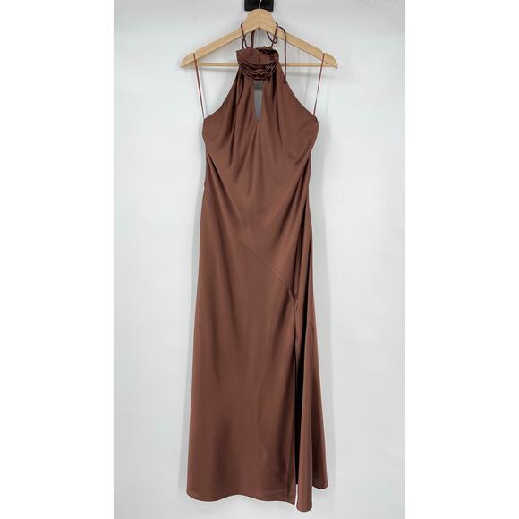 NICHOLAS | Ana Halter Dress With Removable Flower in Nutmeg Brown Maxi Gown 6 - Picture 3 of 14